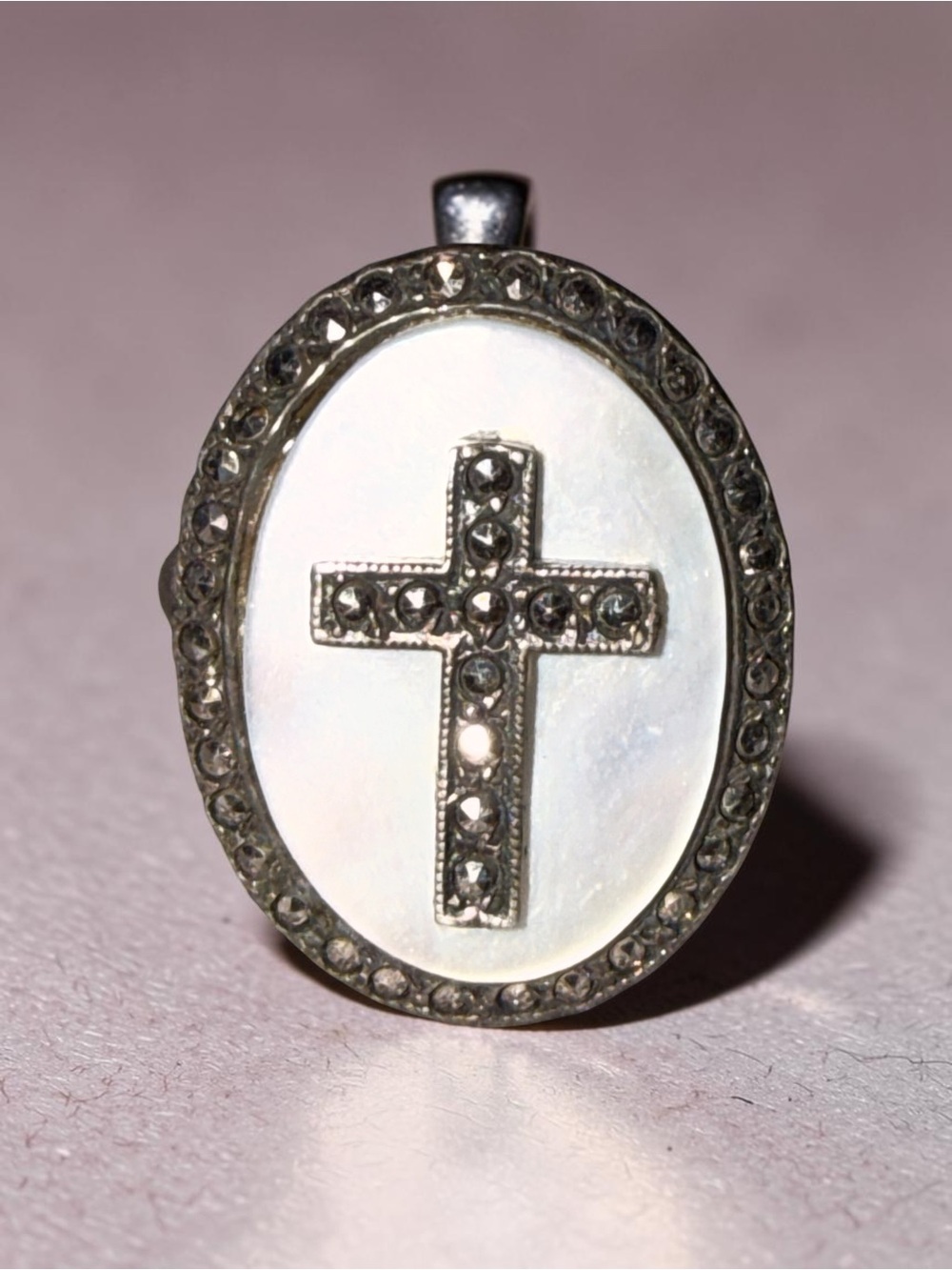 Vintage Sterling Silver Mother of Pearl Cross Ring • Marcasite Accents Size 7
